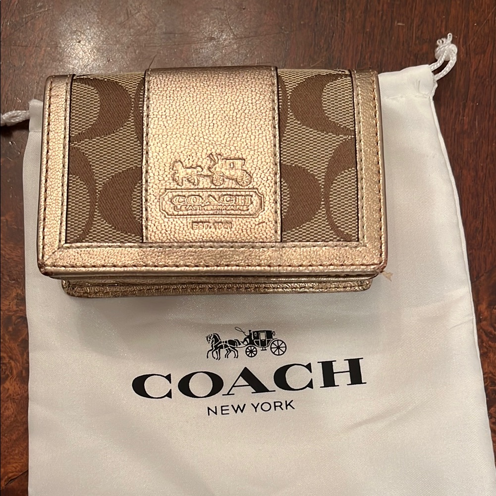 Coach Gold And Brown Small Wallet Credit Card Pink